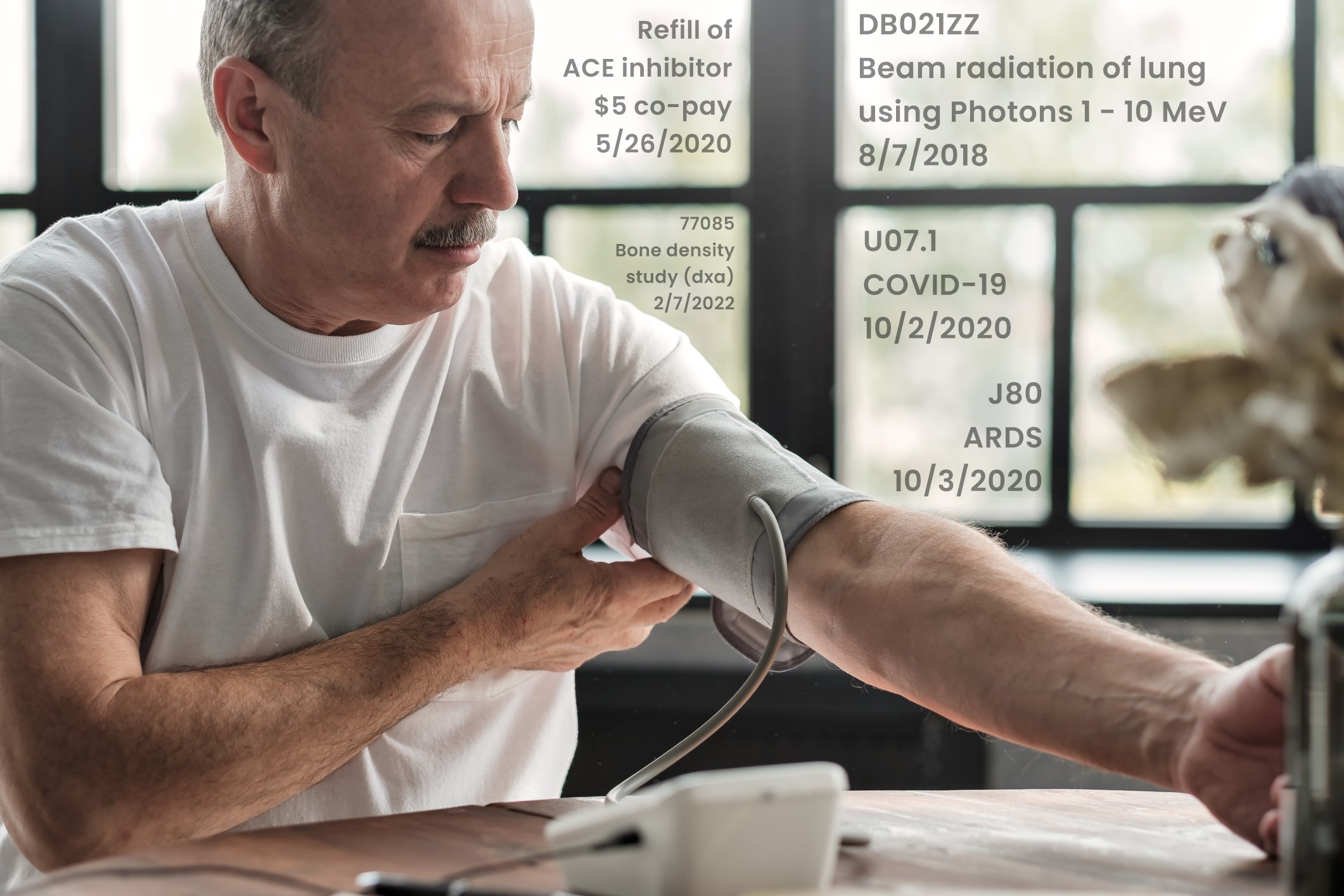 Hispanic male applying at-home blood pressure cuff; medical codes in background