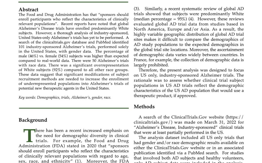 Demographic Analysis of Industry-Sponsored Alzheimer’s Disease Trial Populations in the United States