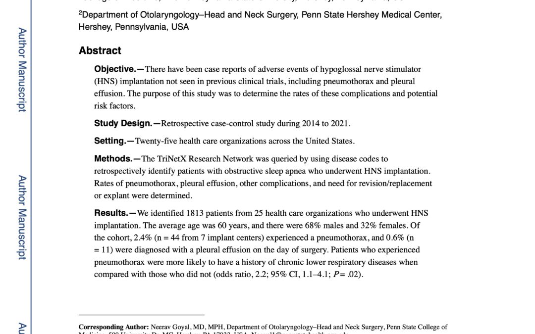 Iatrogenic Pneumothorax During Hypoglossal Nerve Stimulator Implantation: A Large Database Analysis