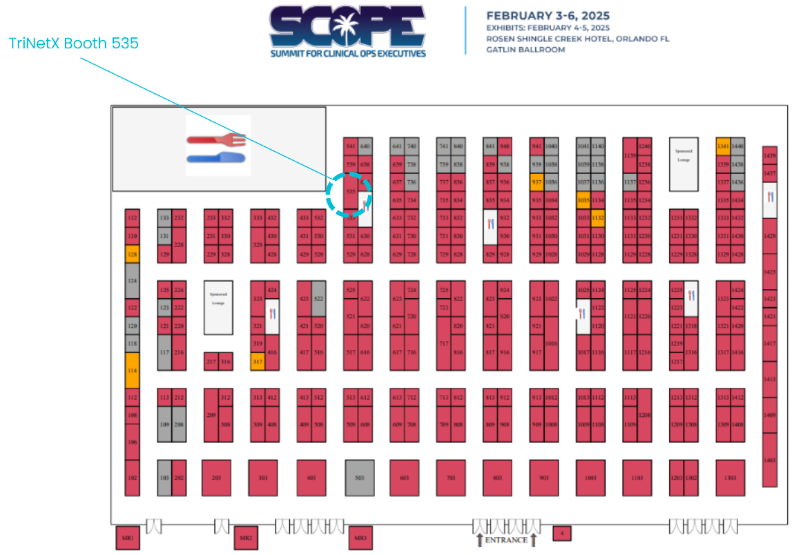 SCOPE 2025 TriNetX Booth plan Map image of TriNetX ISPOR 2024 Booth 107
