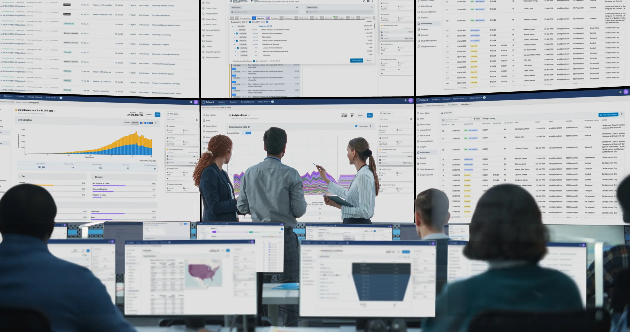 Workers looking at data